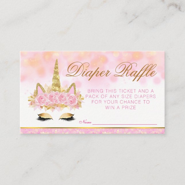 Rosa Gold Unicorn Diaper Raffle Tickets Begleitkarte (Vorderseite)