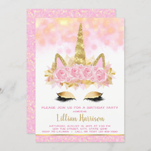 Rosa-Gold-Unicorn-Geburtstagsparty Einladung