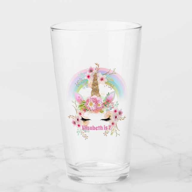Rosa Gold UNICORN Regenbogen Blume Girls NAMED Ges Glas (Vorderseite)