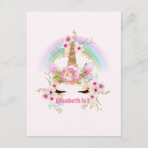 Rosa Gold UNICORN Regenbogen Blumen Mädchen NAME G Postkarte