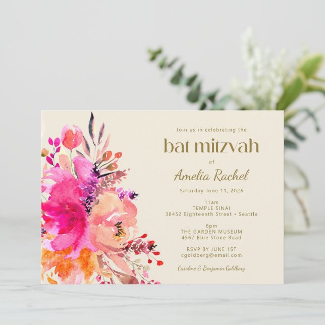 Rosa Gold Wasserfarben Flora Elegantes Bat Mitzvah Einladung (Stehend Vorderseite)