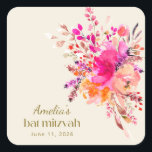 Rosa Gold Wasserfarben Flora Elegantes Bat Mitzvah Quadratischer Aufkleber<br><div class="desc">Rosa Goldflora Elegantes Bat Mitzvah Square Sticker</div>