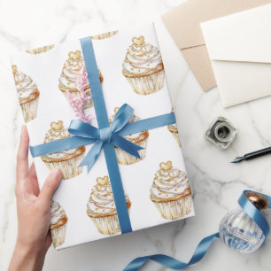 Rosa Gold Weißes Creme Herz Cupcake Geburtstag Geschenkpapier