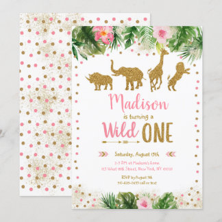 Rosa & Gold Wilde eine Safari Erster Geburtstag Einladung