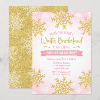 Rosa Gold Winter ONEderland 1. Geburtstag Einladung