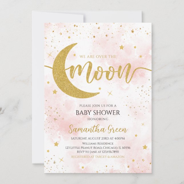 Rosa Gold Wir sind über dem Mond Babydusche Einladung (Vorderseite)