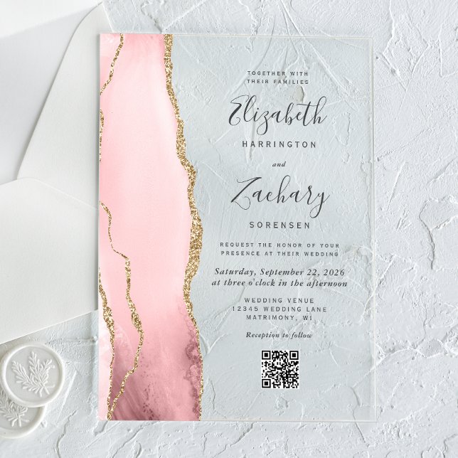 Rosa Goldachat QR-Code Hochzeit Acryleinladungen (Von Creator hochgeladen)