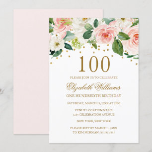 Rosa GoldAquarell-Blumen100. Geburtstag Einladung