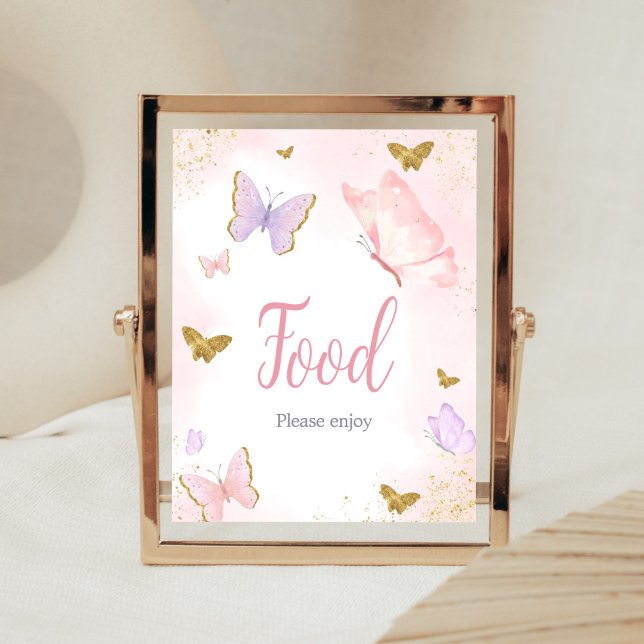 Rosa Goldbarmherzige Frühlingsnahrung Poster (Purple Gold Butterfly Baby Shower Food Sign)