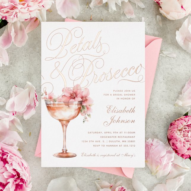 Rosa Goldblättrige Petalen und Prosecco-Brautparty Folieneinladung (Von Creator hochgeladen)