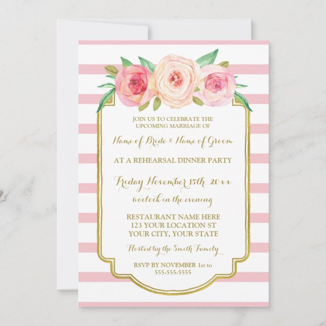 Rosa Goldblumenstreifen-Proben-Abendessen-Party Einladung (Rückseite)