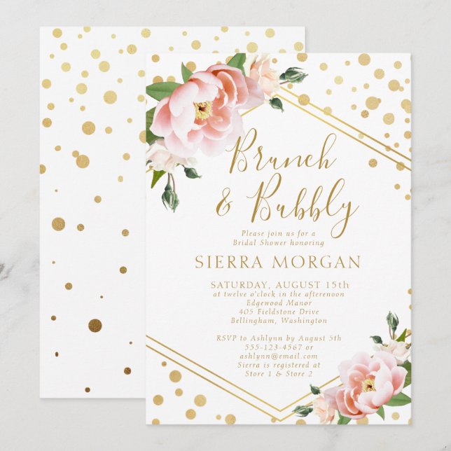 Rosa Goldbrunch & Bubbly Brautparty Einladung (Vorne/Hinten)