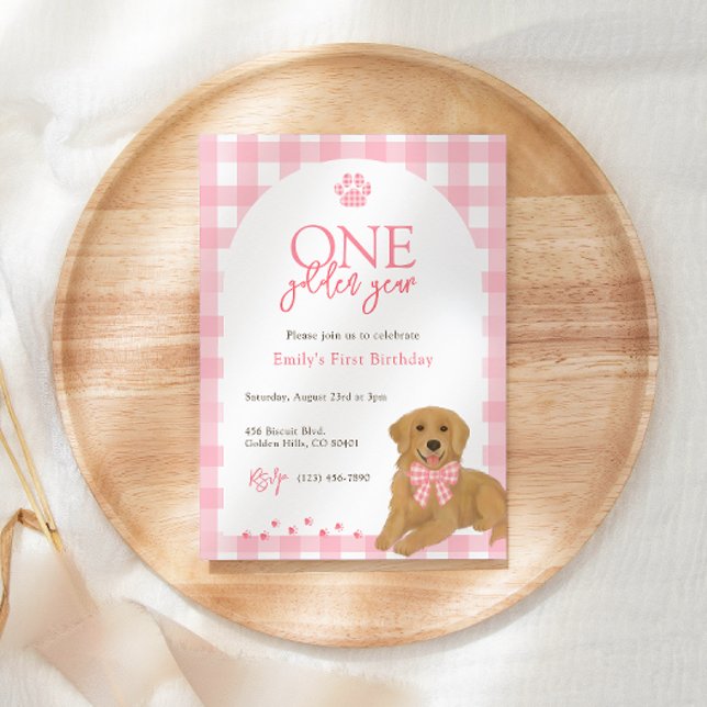 Rosa Golden Retriever Ein goldenes Jahr Geburtstag Einladung (Von Creator hochgeladen)