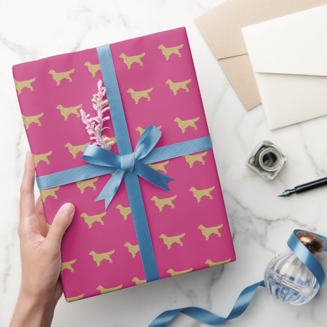 Rosa Golden Retriever mit Gold Glitzer Geschenkpapier (Schenken)