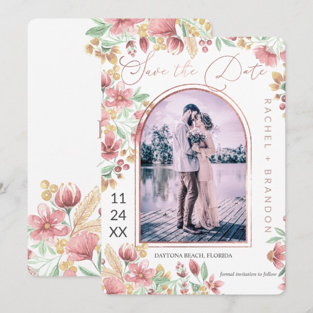 Rosa Golden Yellow Floral Arch Foto Hochzeit Save The Date (Vorne/Hinten)