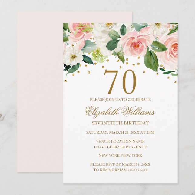 Rosa goldene Aquarellblume 70. Geburtstag Einladung (Vorne/Hinten)