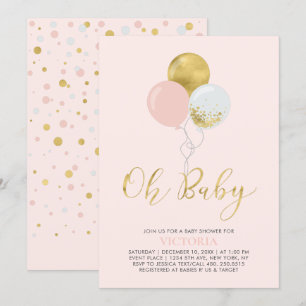 Rosa & Goldene Ballons   Oh Baby Girl Baby Shower Einladung