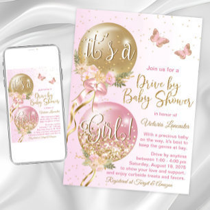 Rosa Goldene Ballons Schmetterling Drive By Babypa Einladung