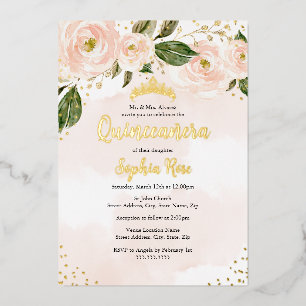 Rosa Goldene Blumen-Tiara Quinceanera Folieneinladung