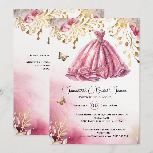 Rosa goldene Braut zu Ballgow Luxuskleid floral Einladung (Vorne/Hinten)