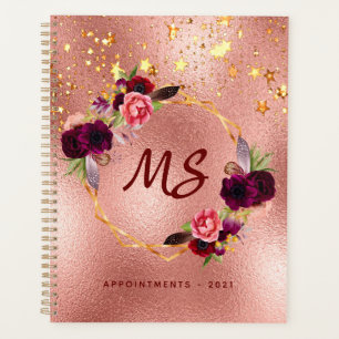 Rosa goldene burgunderrote Sterne mit Monogramm Planer