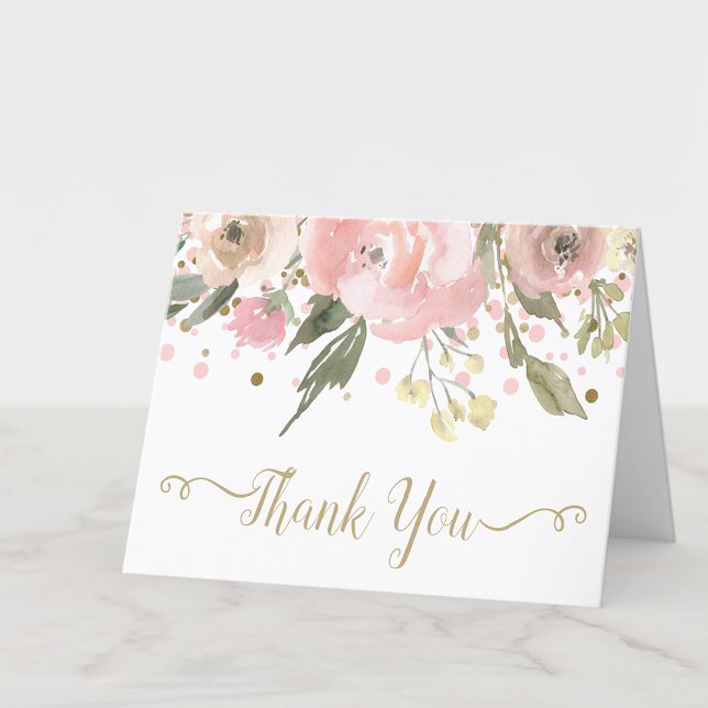 Rosa goldene Farbe Dankeskarte (Pink & gold watercolor floral blank thank you notecard. Add your personal message, or leave blank.)