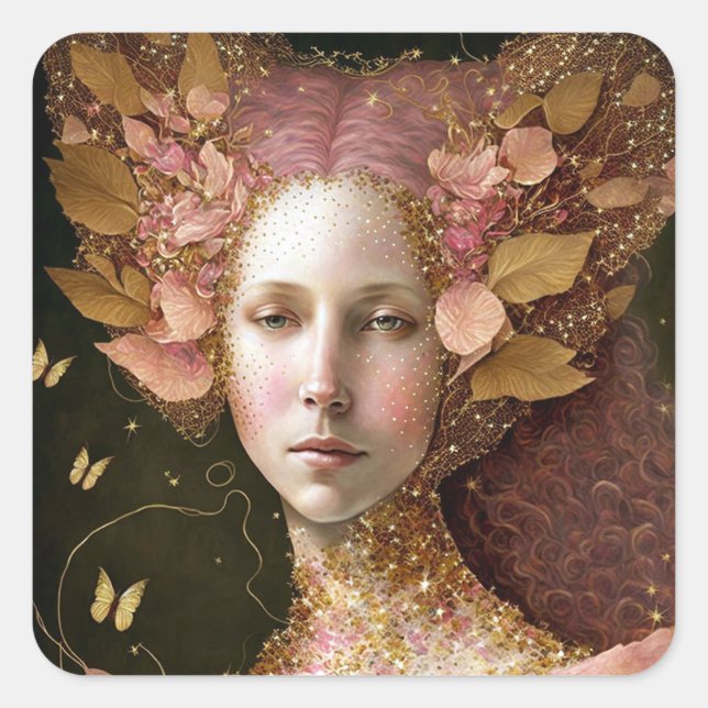 Rosa goldene Fee Fantastische Kunst Quadratischer Aufkleber (Vorderseite)