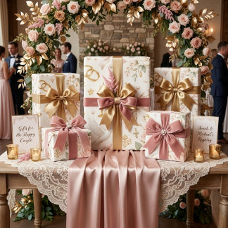 Rosa-goldene Florale Hochzeit mit Tauben und Ring Geschenkpapier