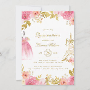 Rosa goldene florale Pariser Chic Quinceanera Einladung