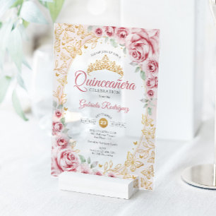 Rosa Goldene Florale Quinceanera Acryleinladungen