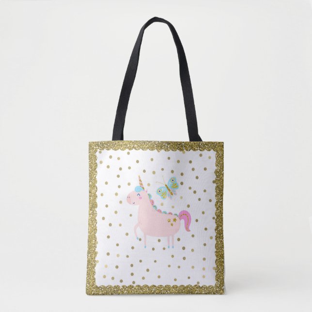 Rosa & goldene Glitzer Einhorn Confetti Dots Girls Tasche (Vorderseite)