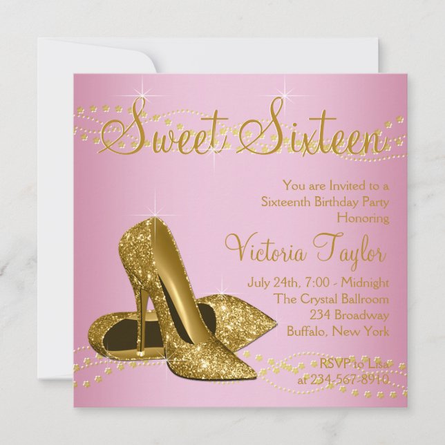 Rosa goldene High Heels Sweet 16 Party Einladung (Vorderseite)