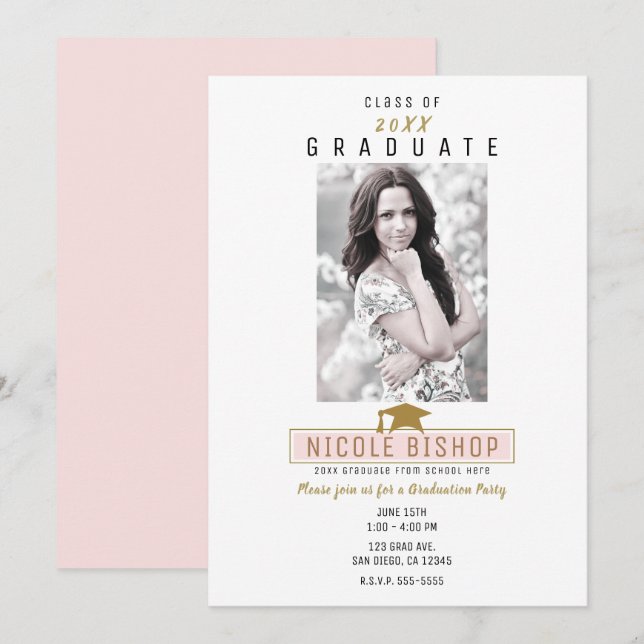 Rosa-goldene Minimal-Foto-Graduierungsparty Einladung (Vorne/Hinten)