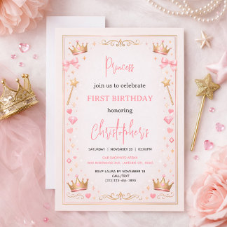 Rosa Goldene Prinzessinnenkrone Märchen 1. Geburts Einladung