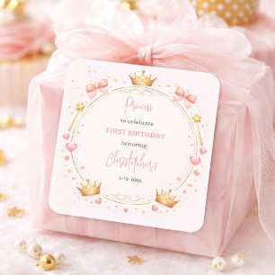 Rosa Goldene Prinzessinnenkrone Märchen 1. Geburts Quadratischer Aufkleber