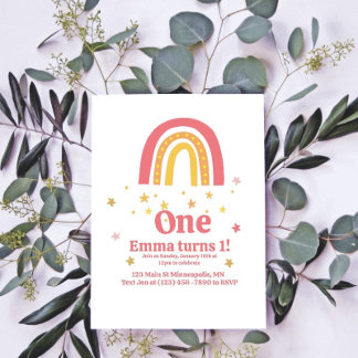 Rosa Goldene Regenbogen 1. Geburtstag Einladung