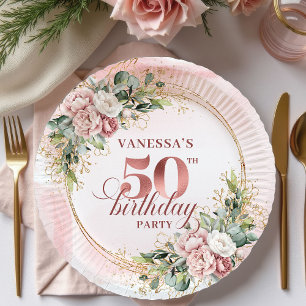 Rosa Goldene Rosen-Blush-Party-Teller zum 50. Gebu Pappteller