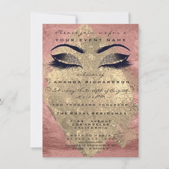 Rosa Goldene Schmerzen Makeup Auge Glitzer 16. Bri Einladung (Vorderseite)