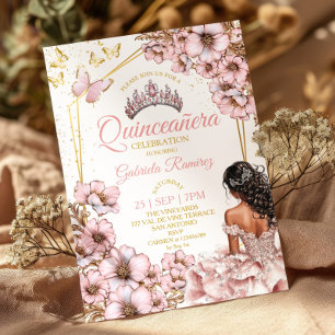 Rosa goldene Tiara Blumen Schmetterling Quinceañer Einladung