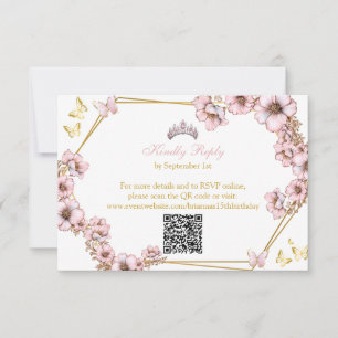 Rosa goldene Tiara Schmetterling Quinceañera RSVP Karte