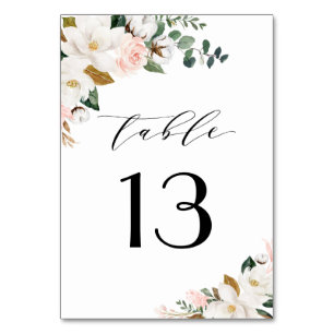 Rosa-goldene und weiße Magnolien-Hochzeit Tischnummer