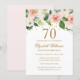 Rosa goldene Wasserfarbe Floral 70. Geburtstag Einladung