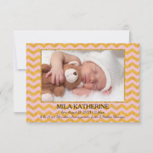 Rosa/goldener Glitter Chevron - 3x5 Geburtsanzeige Ankündigung