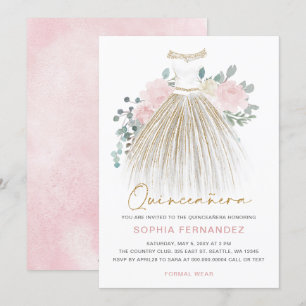 Rosa goldener Glitzer Blumenkleid Quinceañera Einladung
