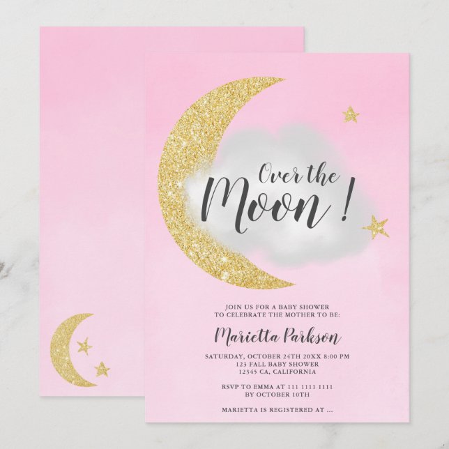 Rosa goldener Glitzer über der Mond-Star-Babydusch Einladung (Vorne/Hinten)