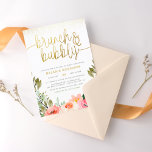 Rosa & goldenes Brunch & Bubbly Brautparty Einladungspostkarte<br><div class="desc">Rett auf Umschläge mit Postkarteneinladungen! Ein elegantes, modernes Brautparty-Design mit "Brunch & Bubbly" in eleganter Schrift-Kalligrafie mit eleganten Wirbel an beiden Enden, die den Rand des Einladens erreichen. Die Blume sind in Rosa und Weiß gehalten und mit handgemalten, in üppigen Grüntönen gehalten. Oben auf dieser Karte, gibt es Imitate Gold...</div>