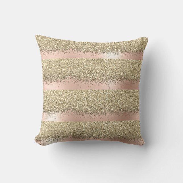 Rosa goldenes Pulver Blush Lux Glitzer Streifen Kissen (Vorderseite)