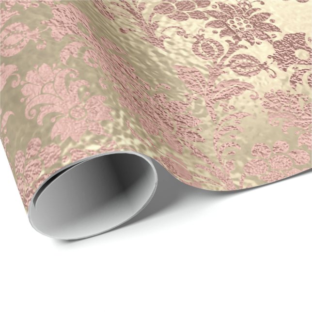 Rosa goldenes Pulver Imitate Blush Bloral Damask Geschenkpapier (Rolleneckpunkt)