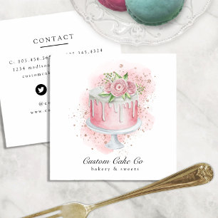 Rosa, goldfarbene Glitzer und Blumenkuchen Quadratische Visitenkarte