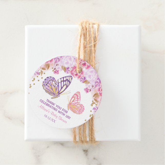 Rosa goldfarbene lila Blüte Butterfly Babydusche Geschenkanhänger (Beispiel)